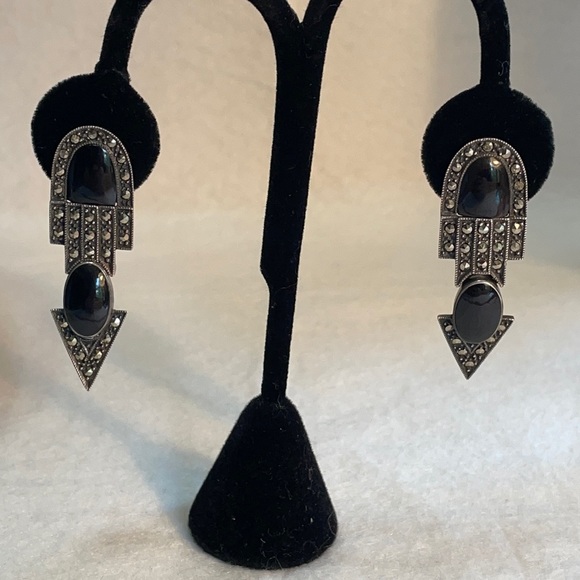 VTG Art Deco onyx and marcasite sterling articulated earrings pierced 2” - Picture 2 of 11